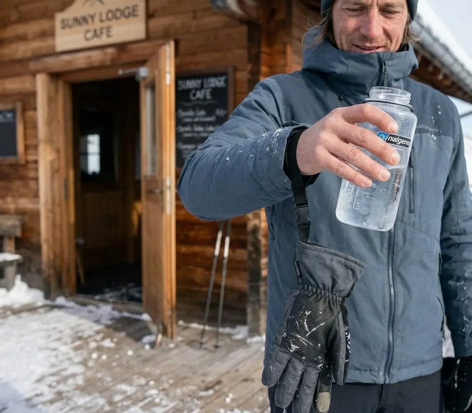 A skier taking a break with their ski glove hanging securely from a wrist leash