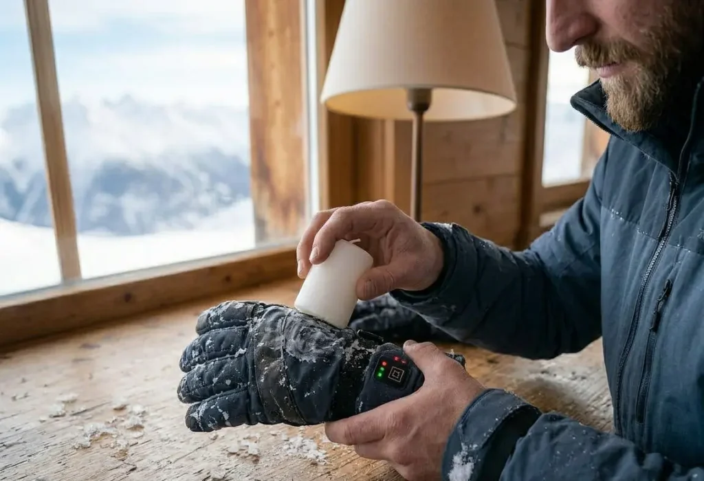A person firmly rubbing a white wax candle over the outer shell of a ski glove to create a thick surface layer