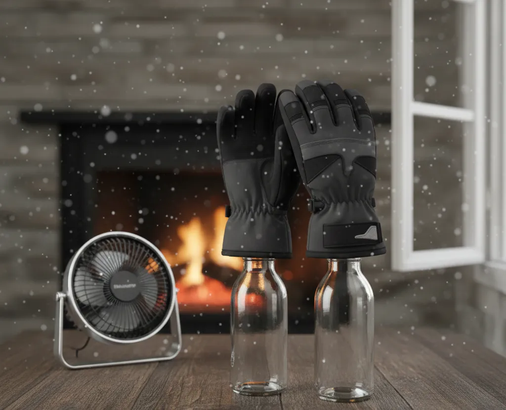  Proper vertical drying setup for ski gloves to ensure internal airflow without using heat.