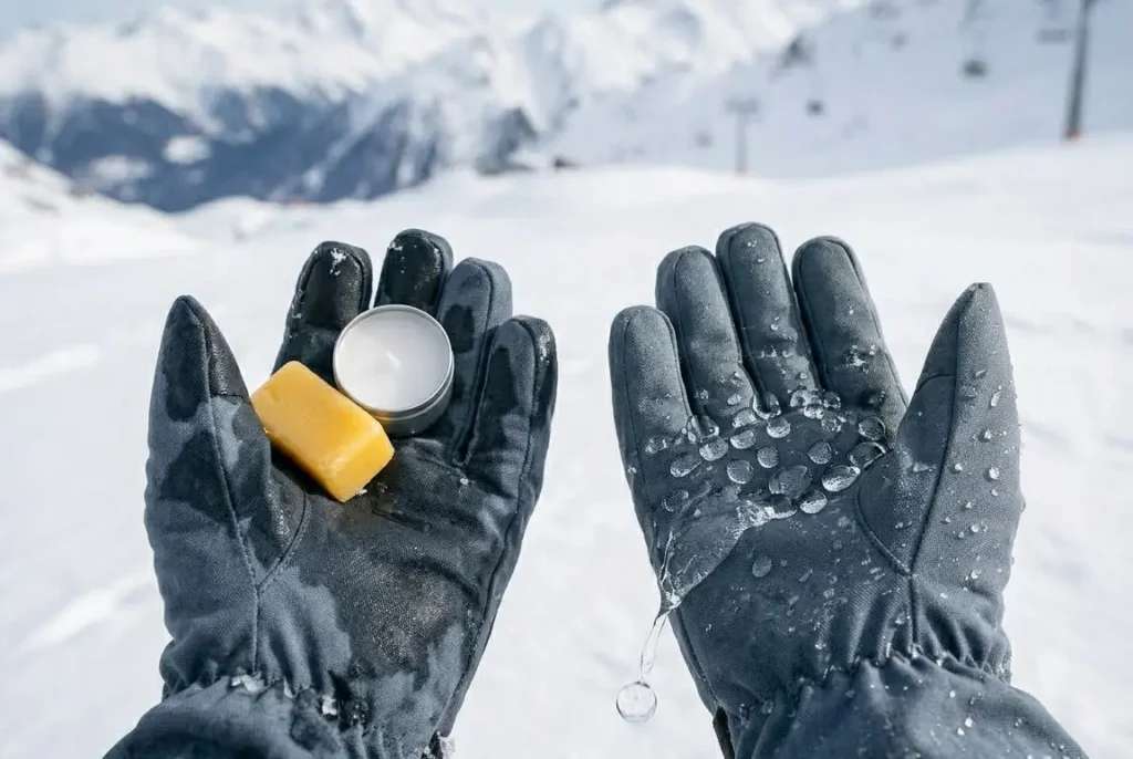 Water perfectly beading and rolling off a wax-treated ski glove during a field test in the snow