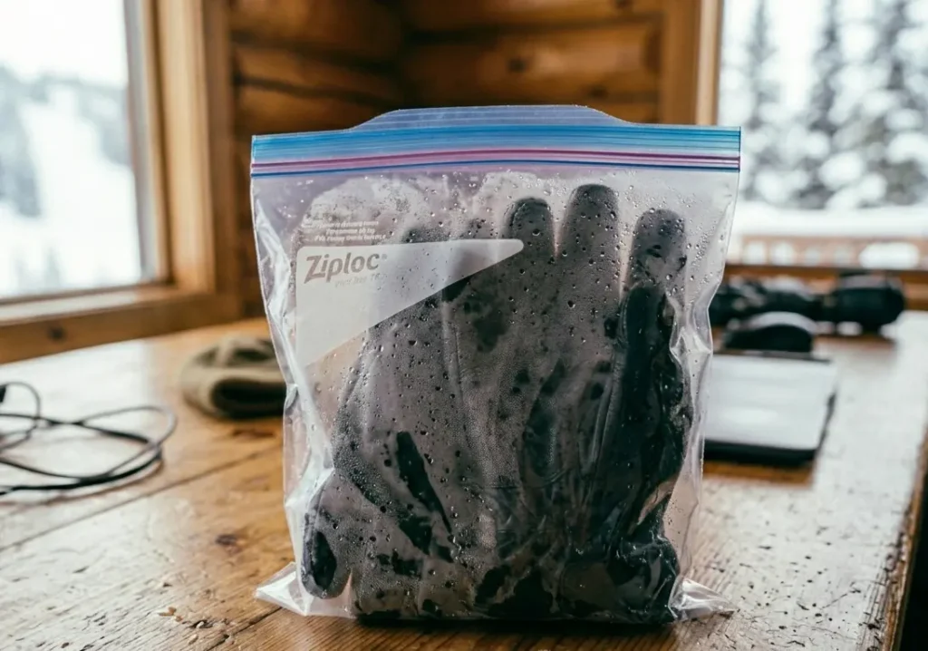 A damp ski glove creating condensation inside a sealed plastic bag.