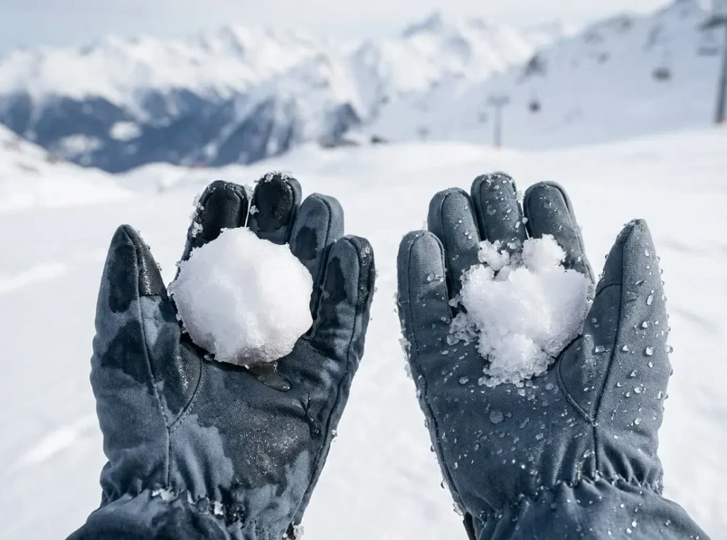 Field test results comparing a saturated water-resistant ski glove to a dry waterproof ski glove in wet snow