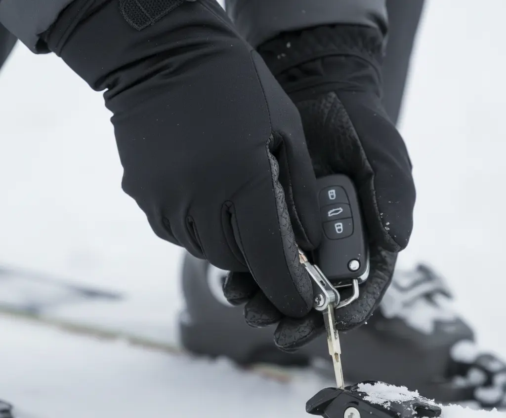 Dexterity test showing a skier adjusting equipment without removing their lightweight spring ski gloves