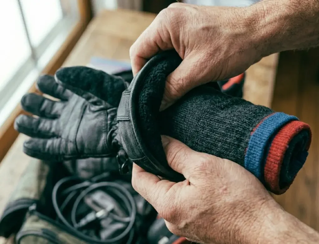 Stuffing a ski glove with rolled socks to protect insulation and save space while packing