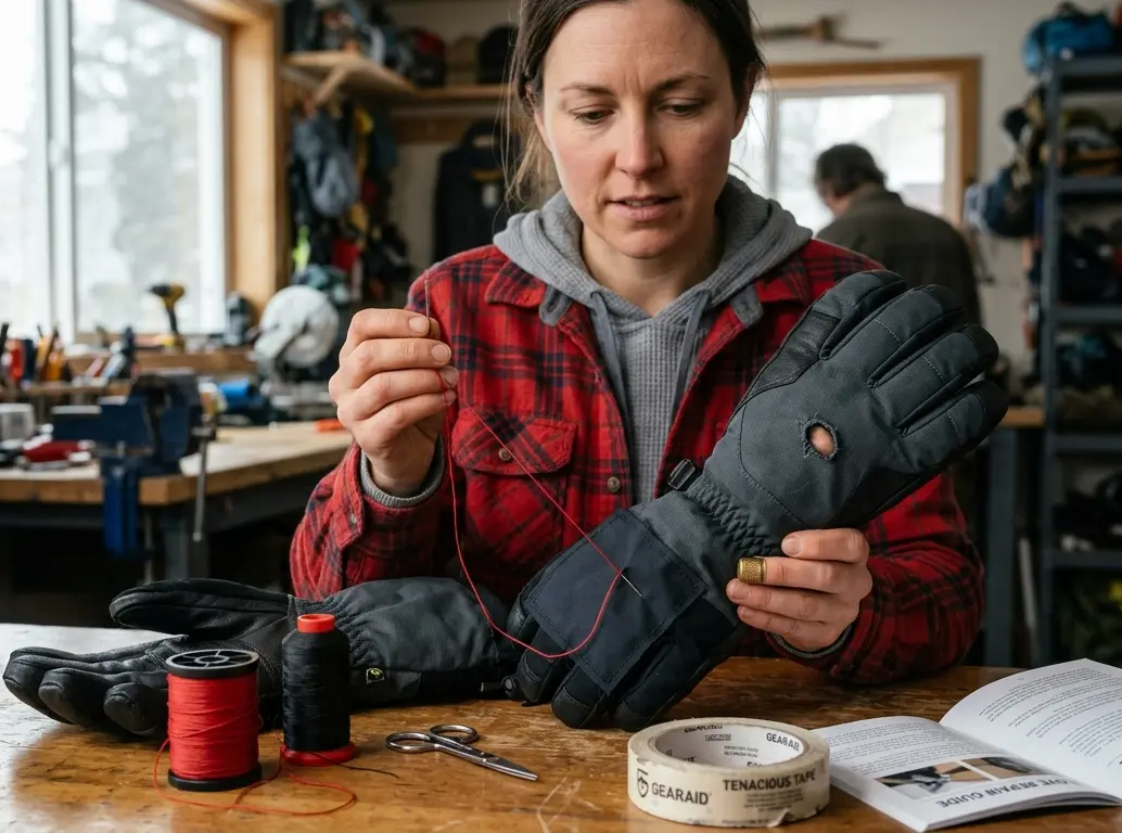 A person showing how to fix holes in  ski gloves.
