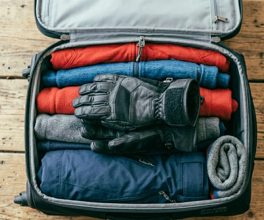 Placing ski gloves palm-to-palm at the top of a suitcase to prevent compression