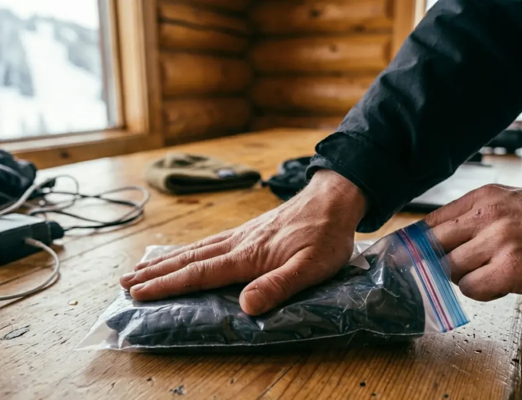 Testing backpack storage for ski gloves showing snow on the protective zip bag.