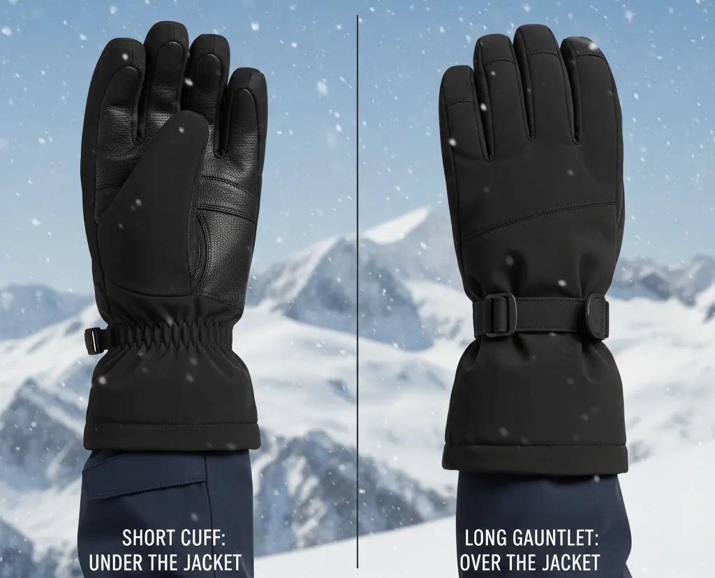 Comparison photo showing a short cuff ski glove vs a long gauntlet cuff over a jacket sleeve