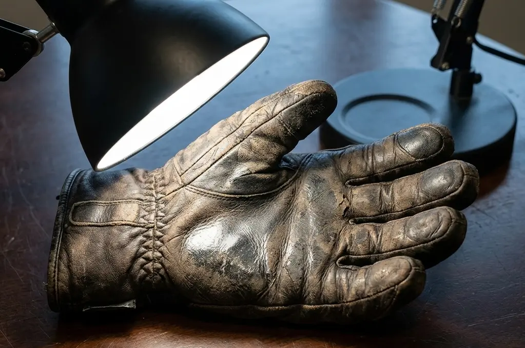  Diagnosing ski glove grip failure by checking for glassy, worn-out leather under a bright light