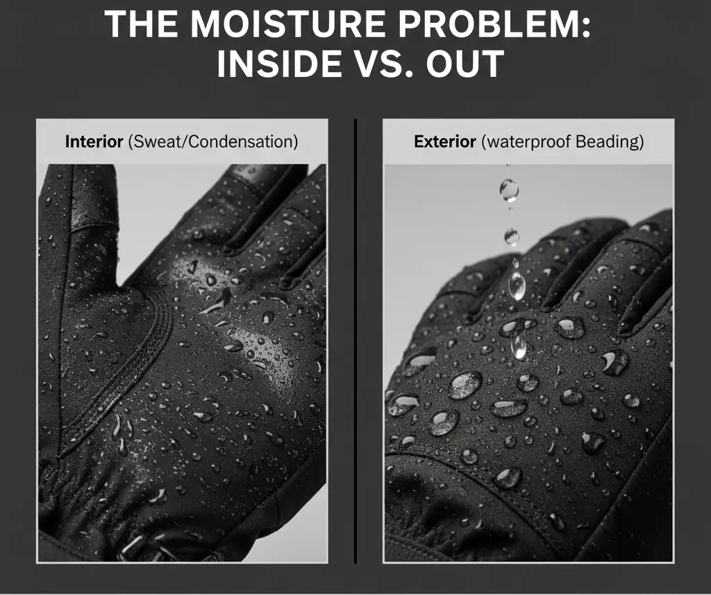 Real-world moisture test results showing the difference between exterior waterproofing and interior sweat buildup in spring gloves