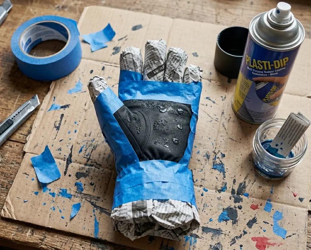 Properly masking a ski glove with painter's tape and newspaper before applying a Plasti-Dip rubber spray coating