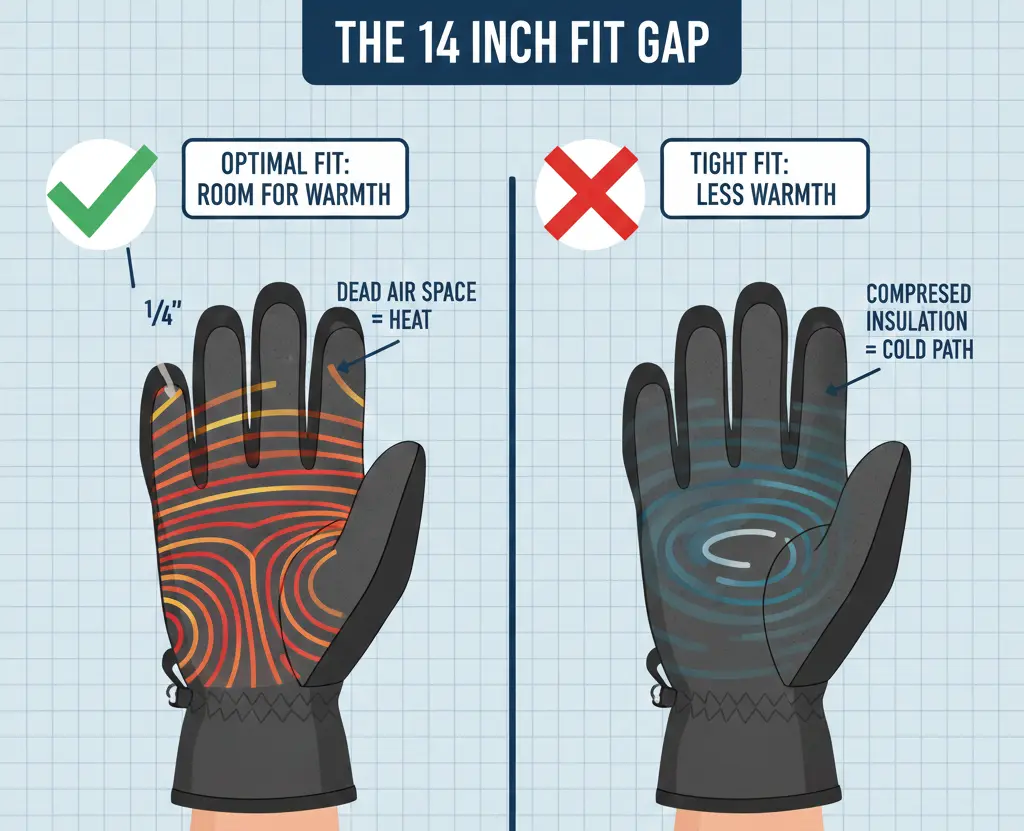 Diagram showing proper ski glove fit with a 1/4 inch gap at the fingertips for air circulation