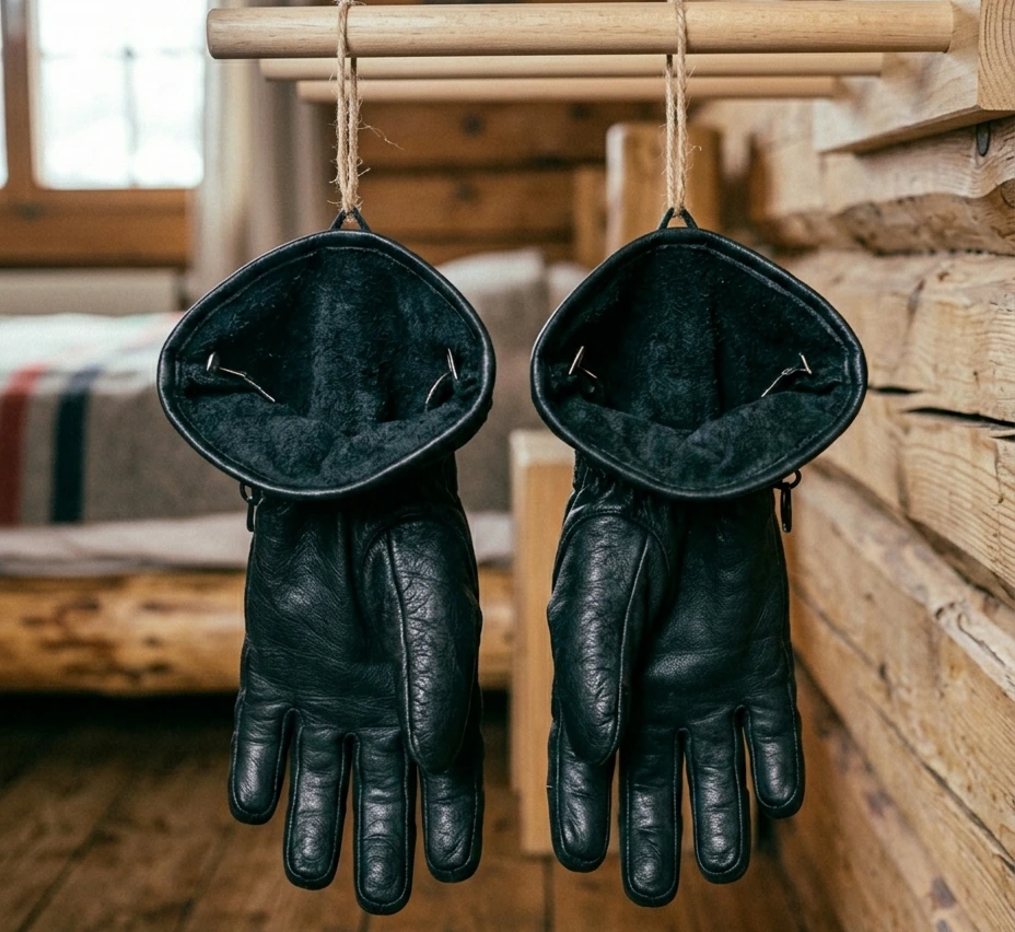 Ski gloves hanging fingers-down with cuffs wide open to allow moisture to escape