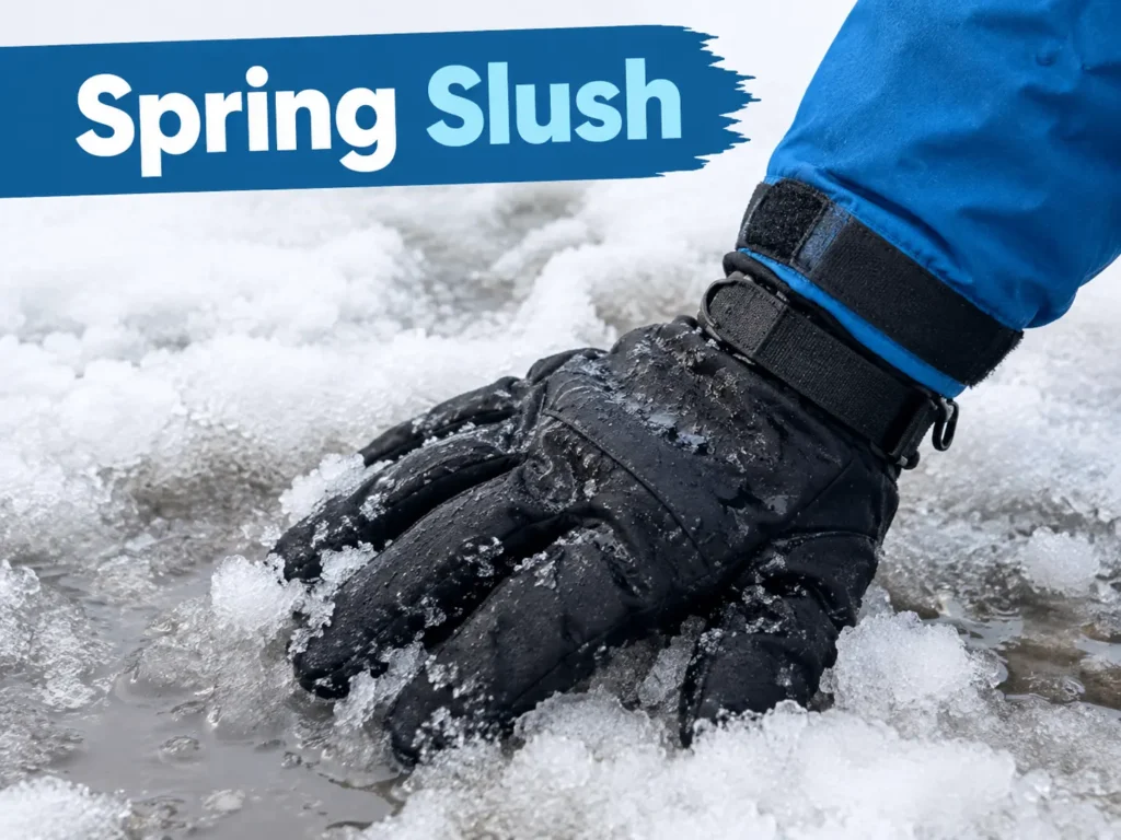 Gloved hand in wet spring slush snow