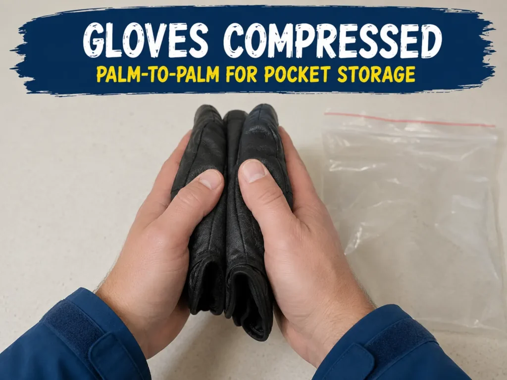 Gloves compressed palm-to-palm for pocket storage