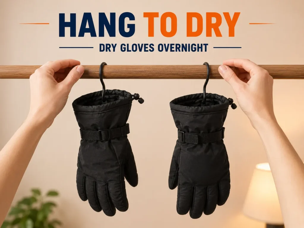 Ski gloves hanging correctly to dry overnight