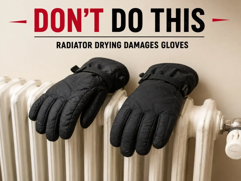Ski gloves drying directly on a radiator, a common mistake