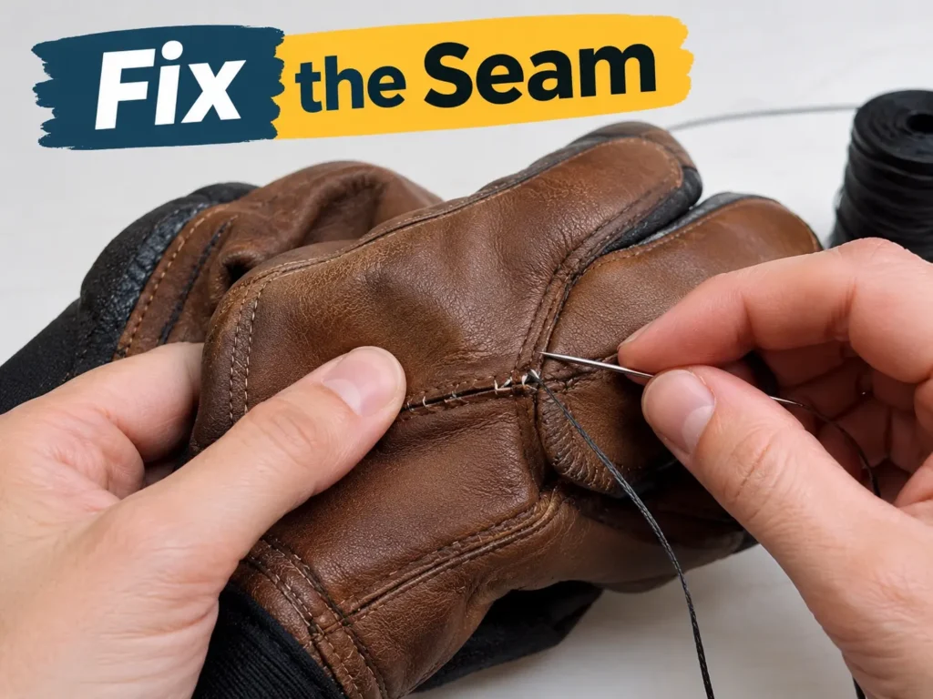 Hand-stitching a ripped seam on a leather ski glove