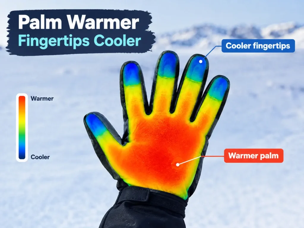 Heated glove warmth difference between palm and fingertips