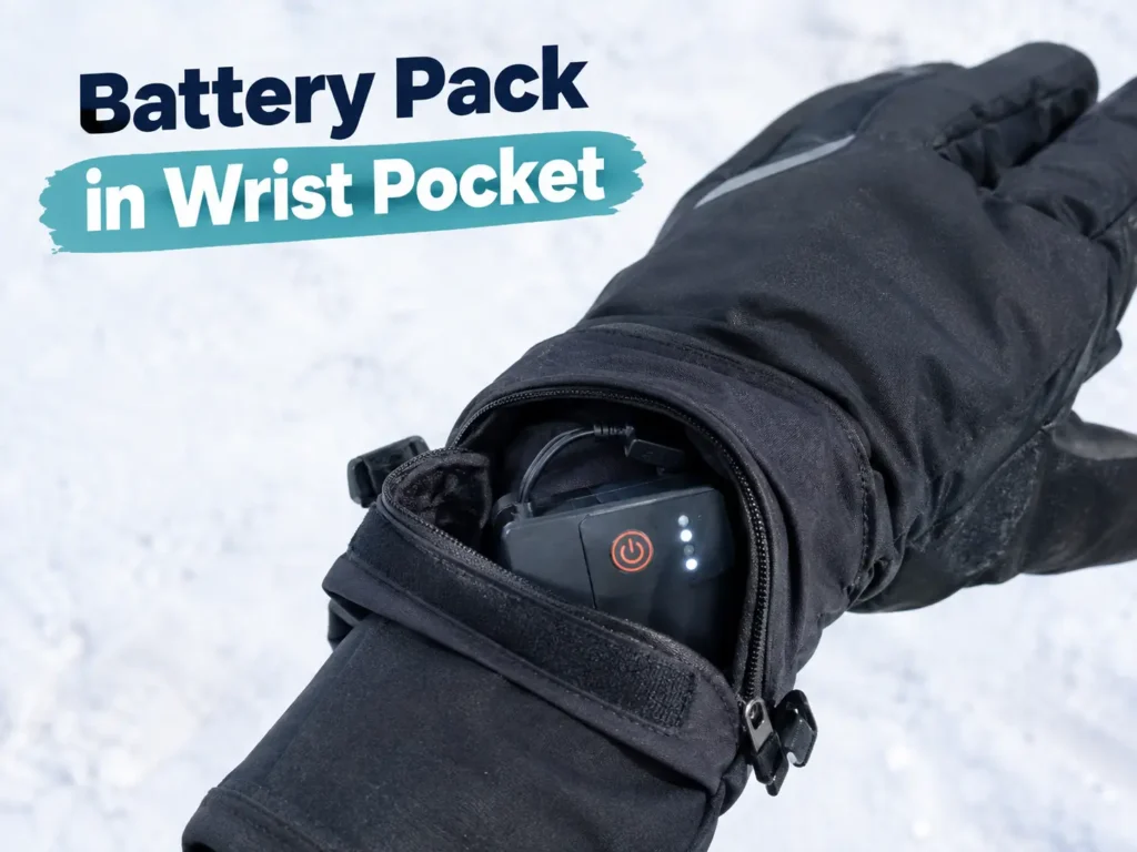 Heated ski glove battery pack in its pocket