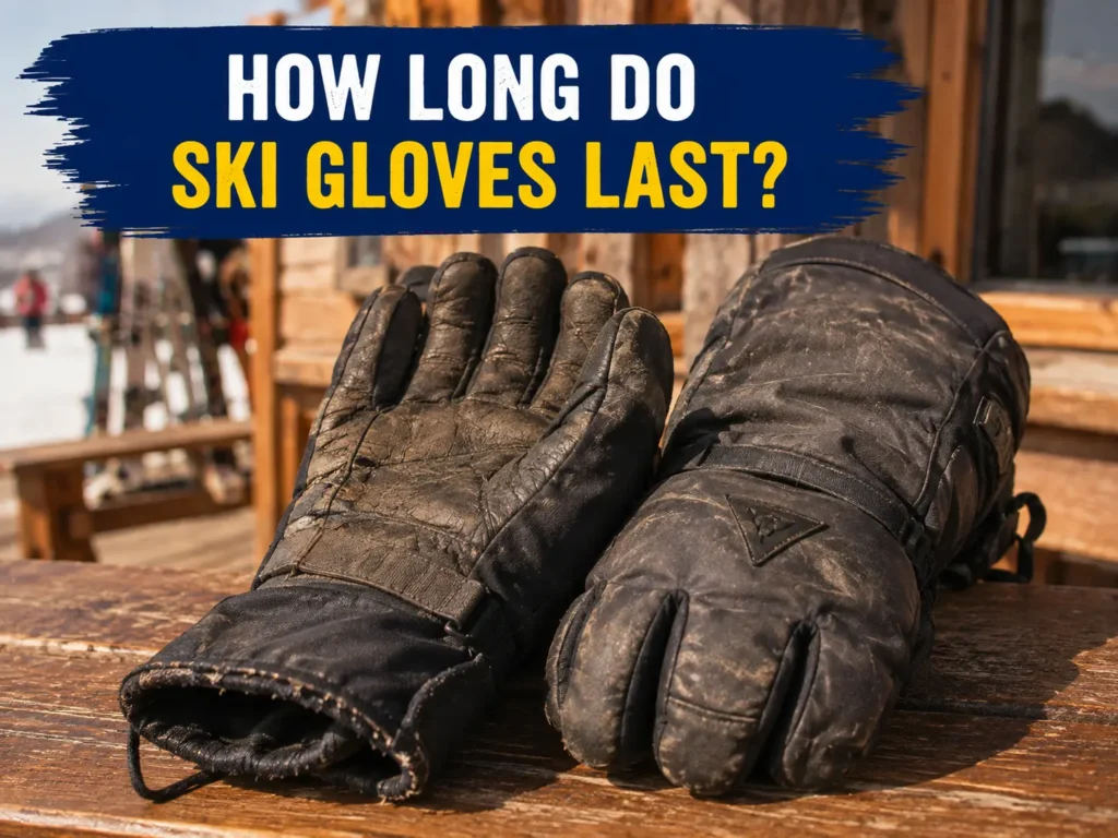 How long do ski gloves last — worn pair with cracked palm and faded shell