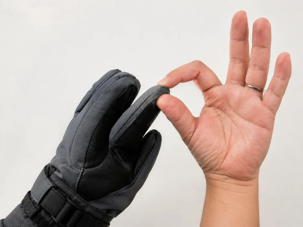 How should ski gloves fit — pinch test showing quarter-inch space at the fingertip