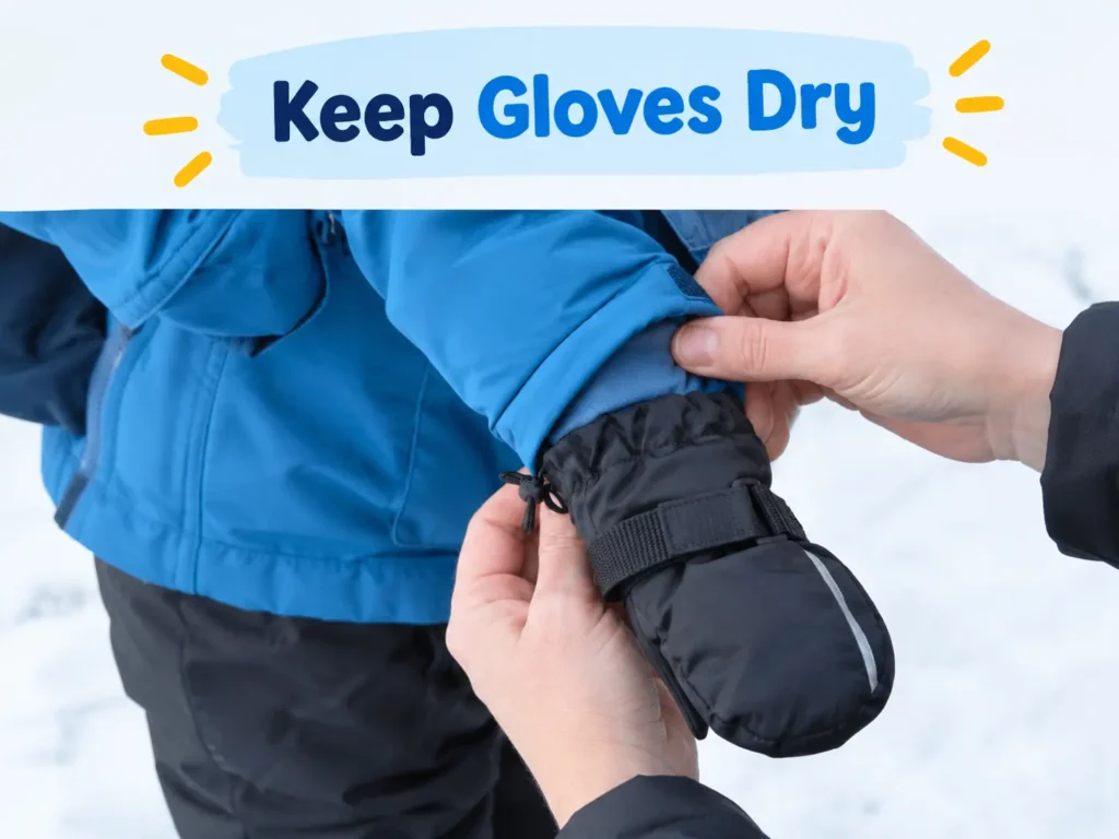 How to keep toddler ski gloves dry — tucking a jacket sleeve inside a gauntlet cuff