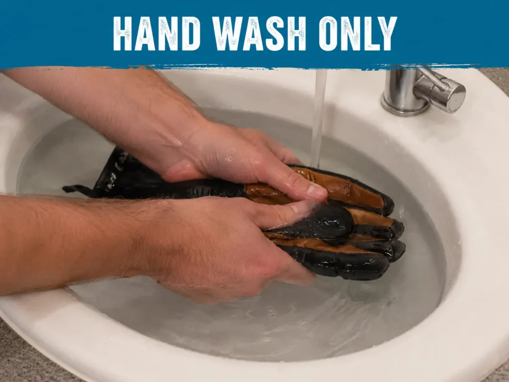 How to wash ski gloves — hand-massaging a glove palm in a sink of water