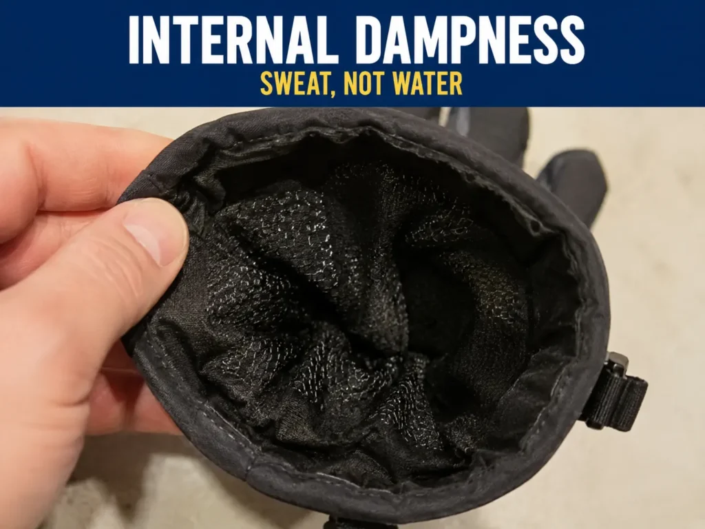 Internal glove dampness from sweat not external water