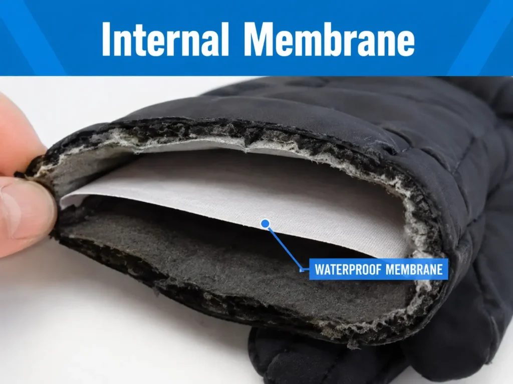 Internal membrane layer inside a waterproof ski glove shell