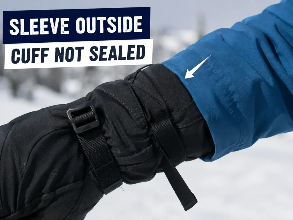 Jacket sleeve outside the cuff, strap not sealing
