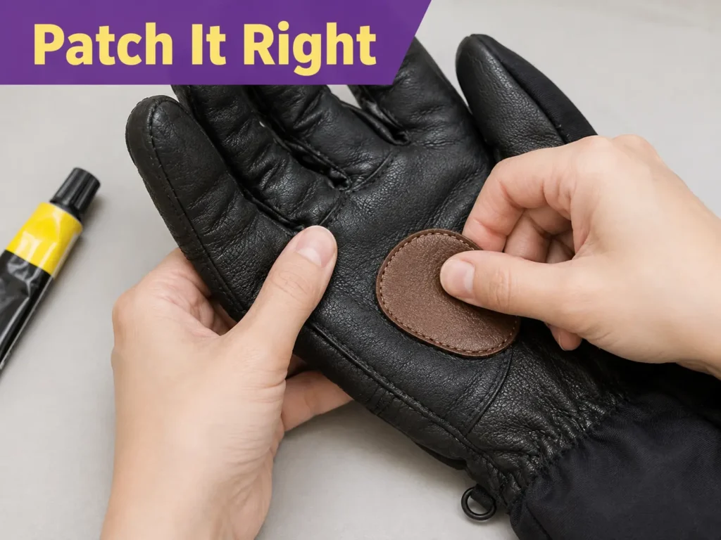 Leather patch applied to a torn glove palm