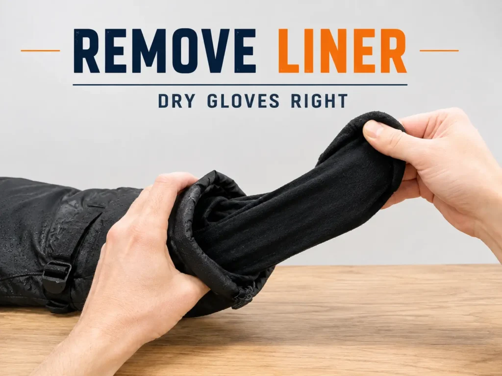 Removing the liner from a wet ski glove to dry it correctly