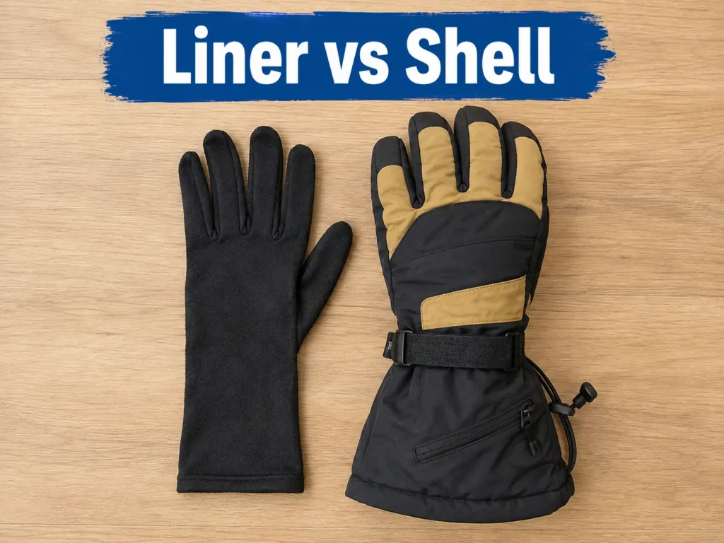 Liner glove next to outer ski glove shell