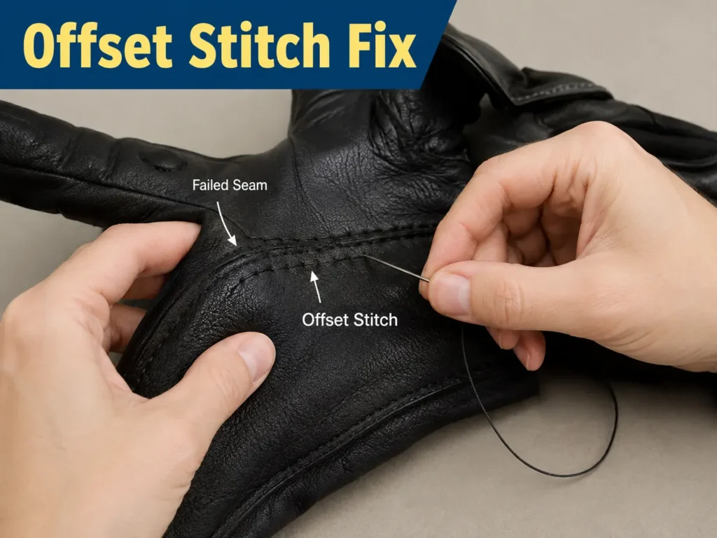 Offset stitch repair alongside a failed seam