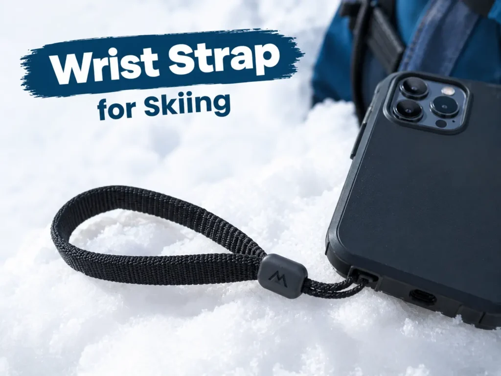 Phone case with a wrist strap for skiing