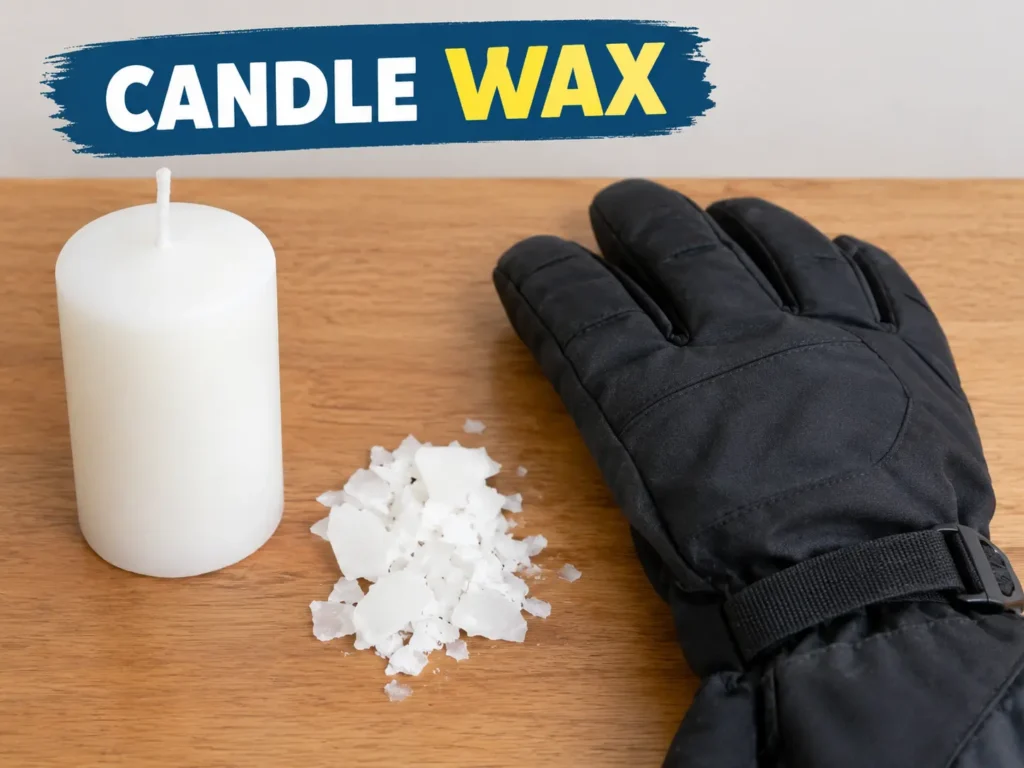 Plain candle wax next to a ski glove