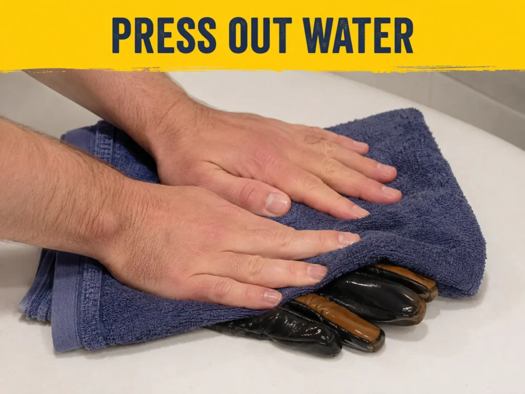 Pressing water out of a glove with a folded towel