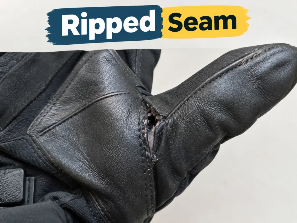 Ripped seam at the thumb crotch of a ski glove
