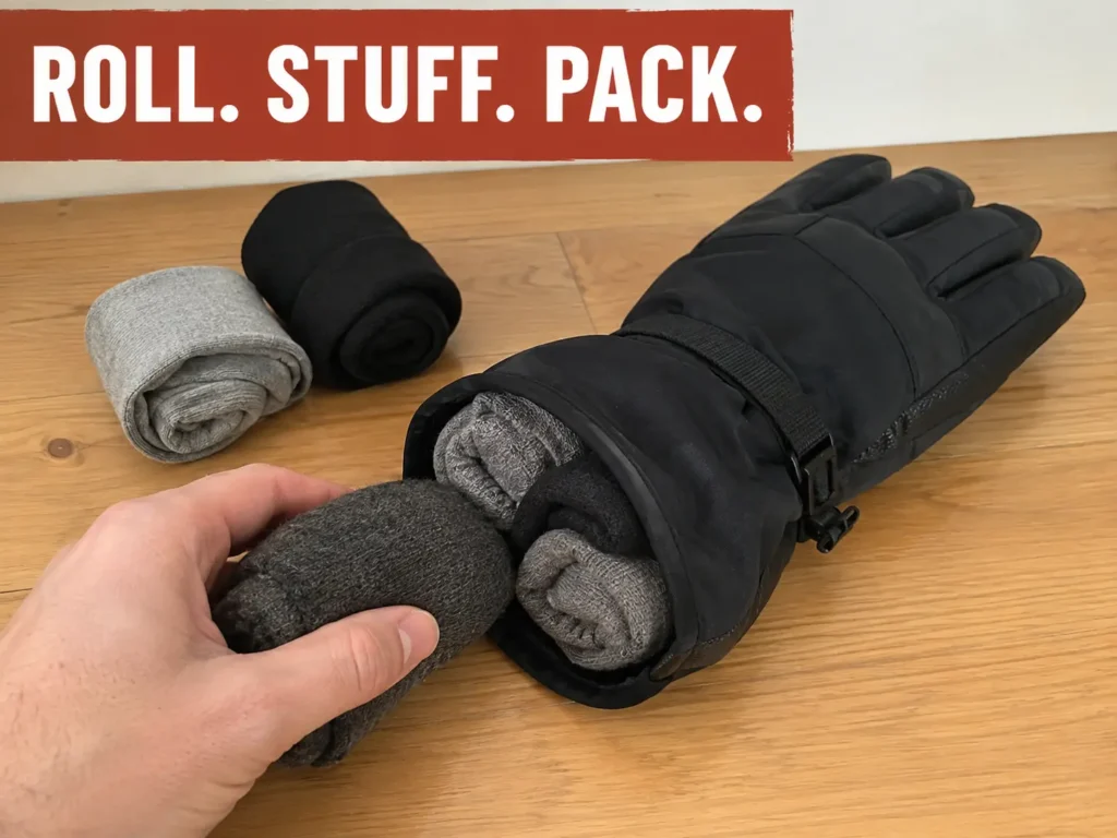 Rolled socks stuffed into a ski glove for packing