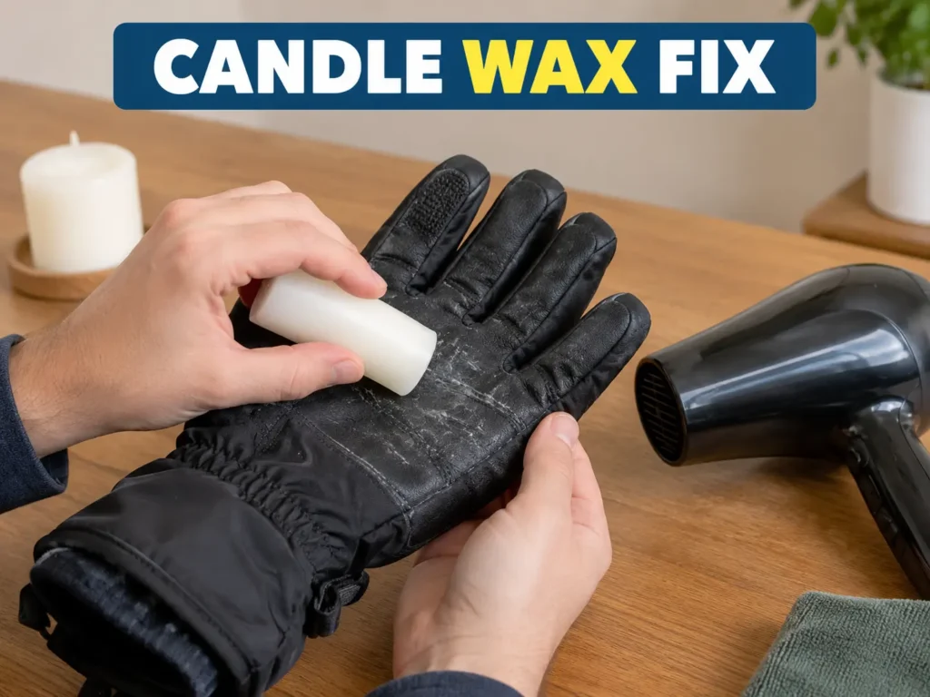 Rubbing candle wax onto a ski glove palm for waterproofing