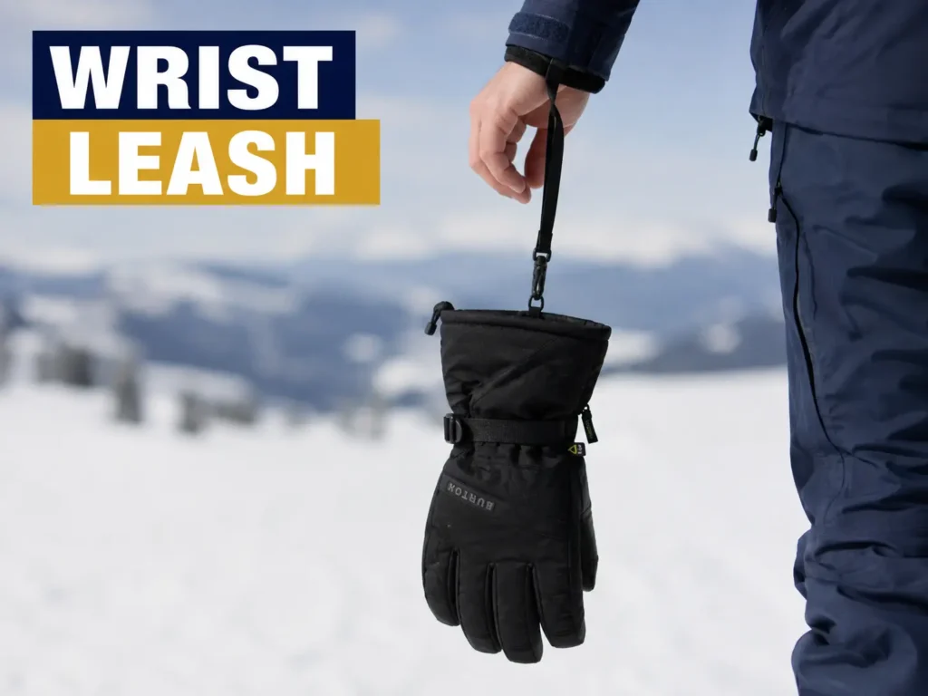 Ski glove hanging from a wrist leash
