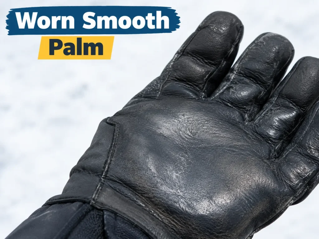Ski glove palm worn smooth from repeated pole contact
