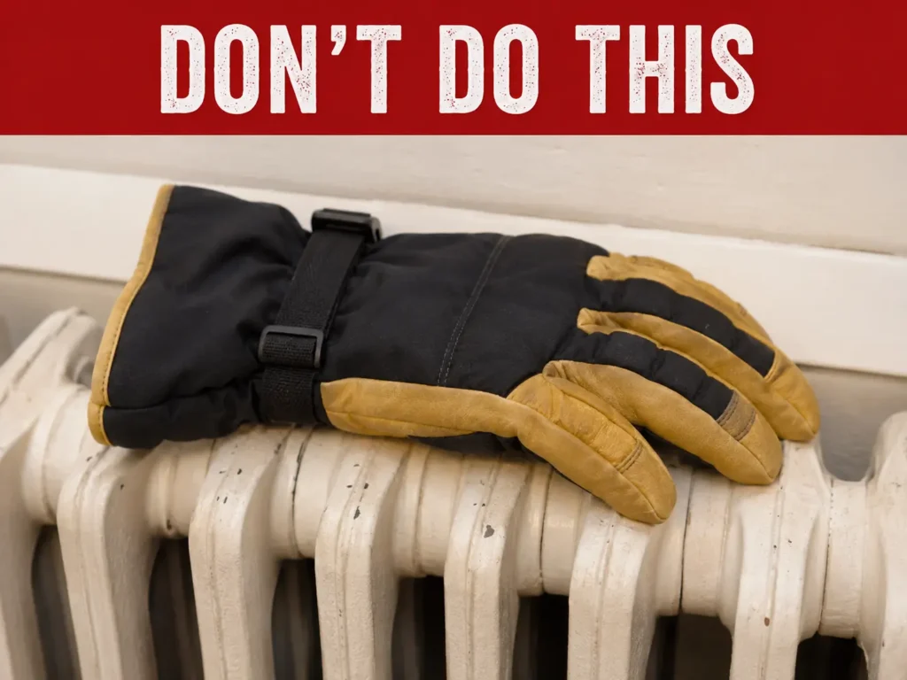 Ski glove placed on a hot radiator, a common mistake