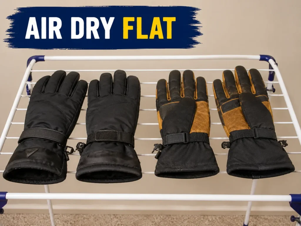 Ski gloves air-drying flat on a rack