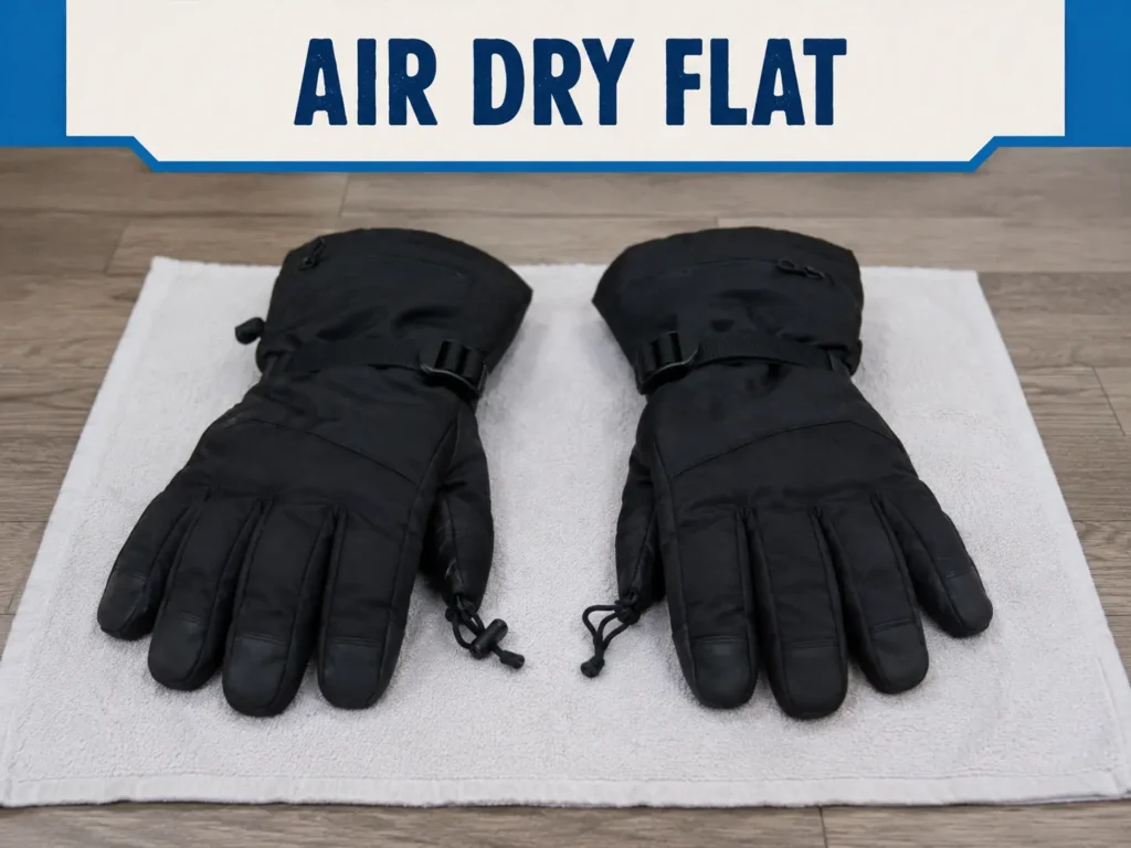 Ski gloves air-drying flat to prevent ice