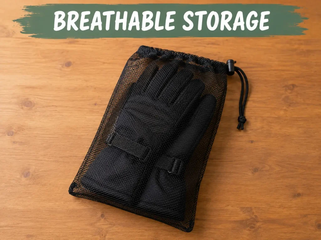Ski gloves stored in a breathable mesh bag