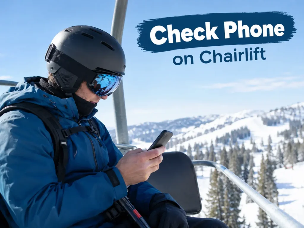Skier checking a phone on a chairlift