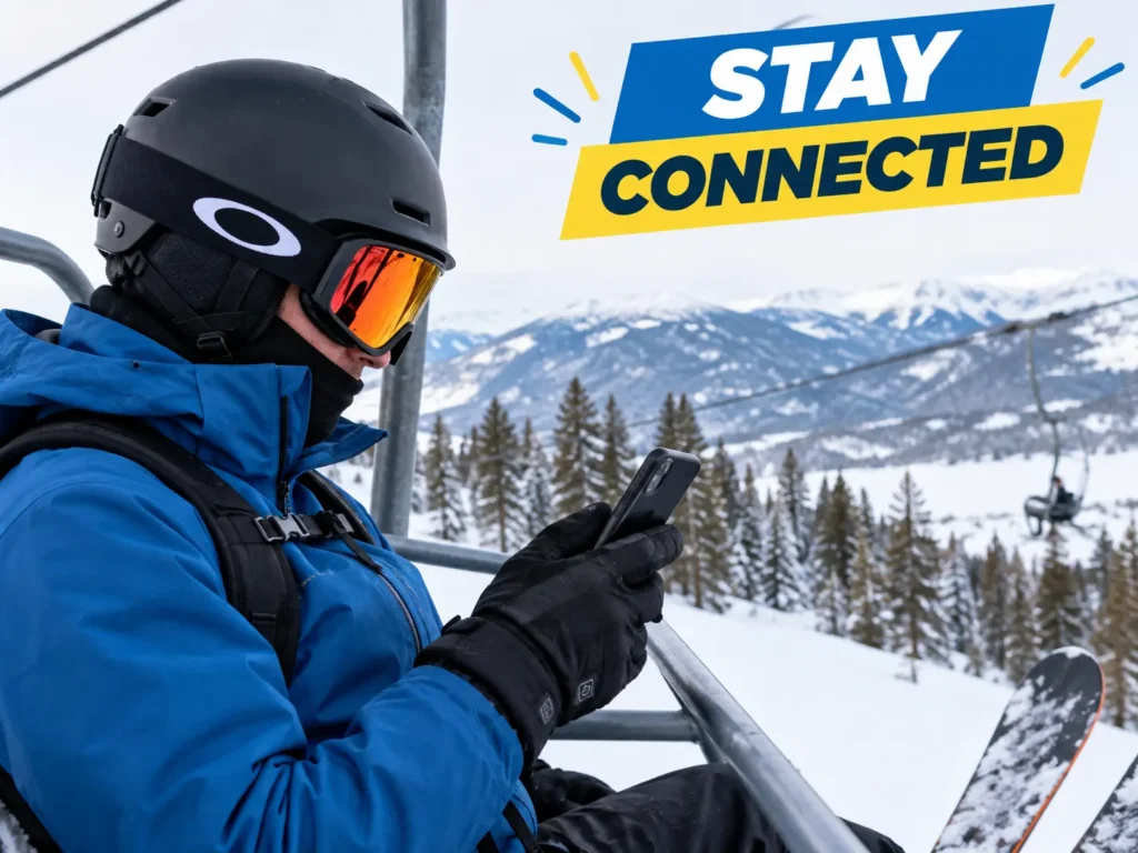 Skier checking a phone on a chairlift in winter