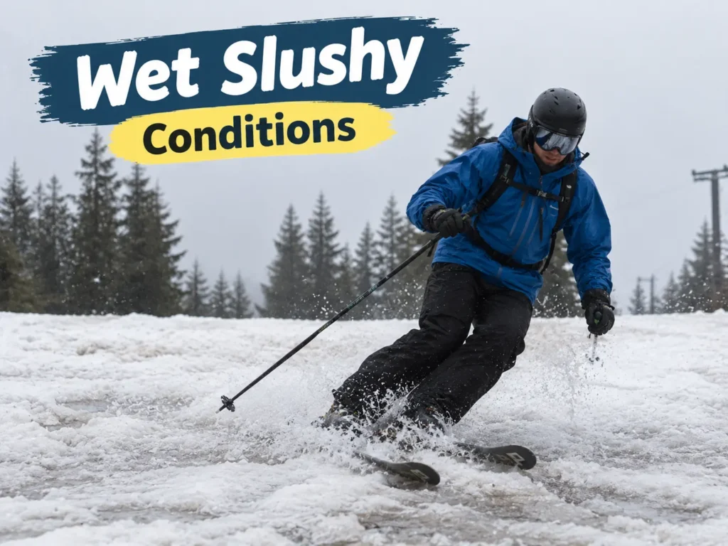 Skier in wet slushy snow conditions
